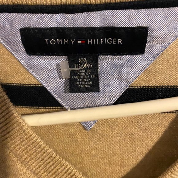 Tommy Hilfiger Unisex Beige Striped XXL V-Neck Sweater 100% Cotton - Picture 2 of 4